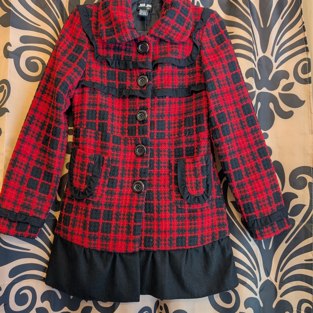 Jou Jou Red and Black Plaid Ruffle-Trim Pea Coat